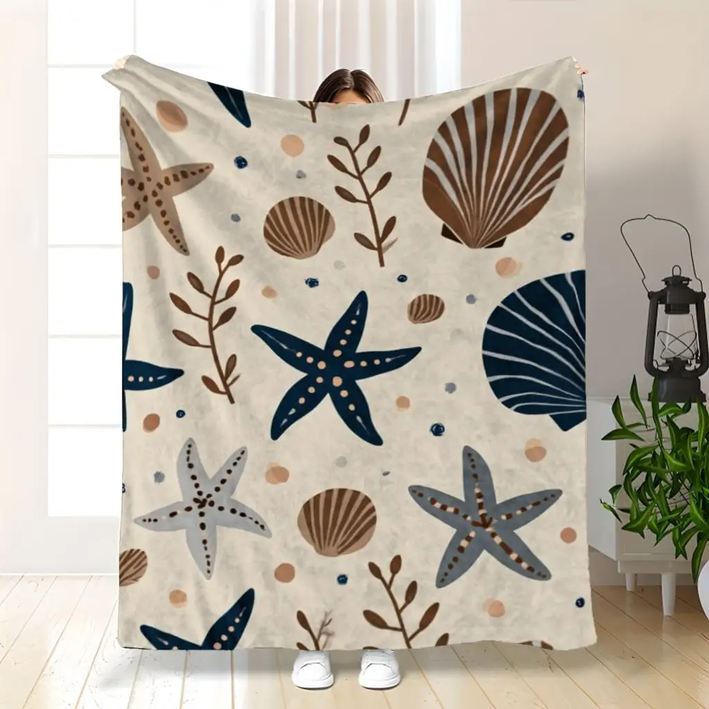 Starfish and coral patterned blanket, polyester fabric, machine washable, suitable for use in bedrooms, living rooms, and sofas.