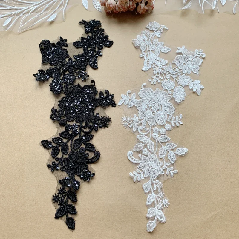 Sequin Flower Embroidery Lace Collar, Wedding Lace Patch, Applique Headband, Hair Bow Garment, Clothing DIY Accessory, Black Whi