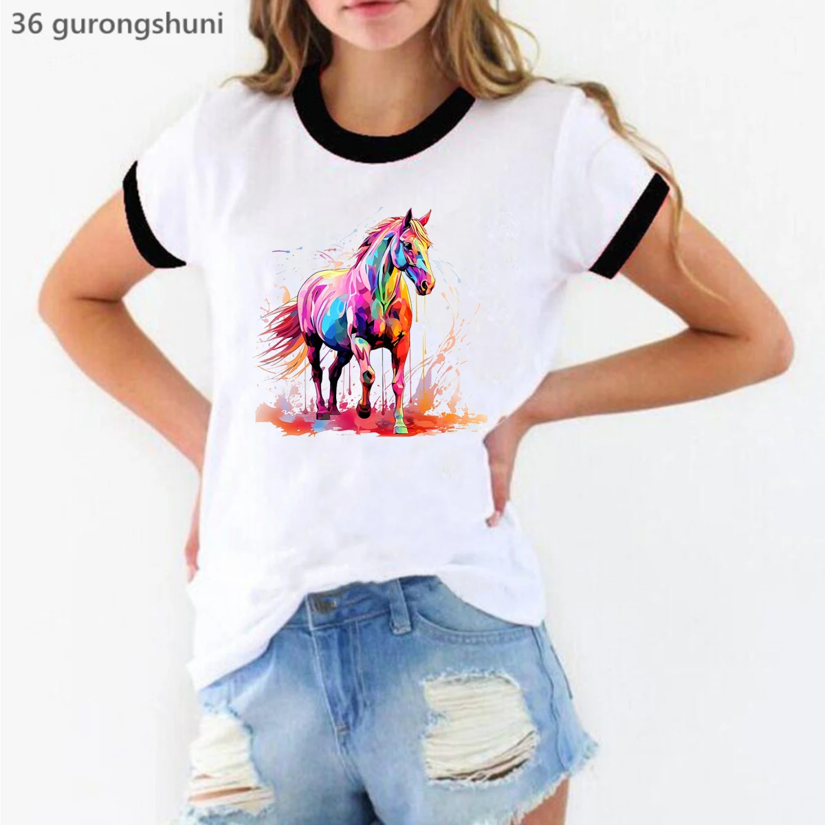 2024 New Women'S T-Shirt Funny Watercolor Horse Animal Print Tshirt Femme Fashion Harajuku Shirt Summer O-Neck Tshirt Tops