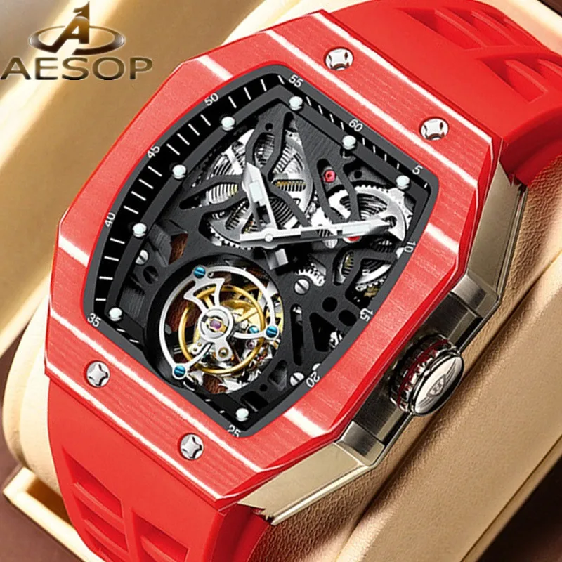 AESOP Original Men Fashion Tourbillon Skeleton Automatic Wristwatch Sapphire Crystal Male Tonneau Carbon Fiber Case Flying Wheel