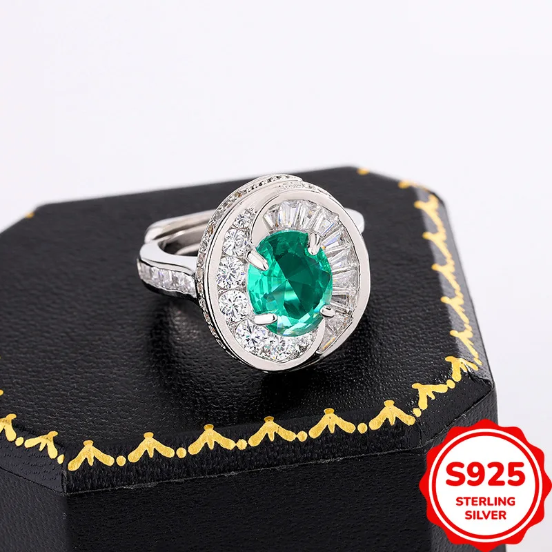 Luxurious Temperament Authentic S925 Silver Mandarin Duck Zircon Four-claw Oval Green Ring Banquet Gorgeous