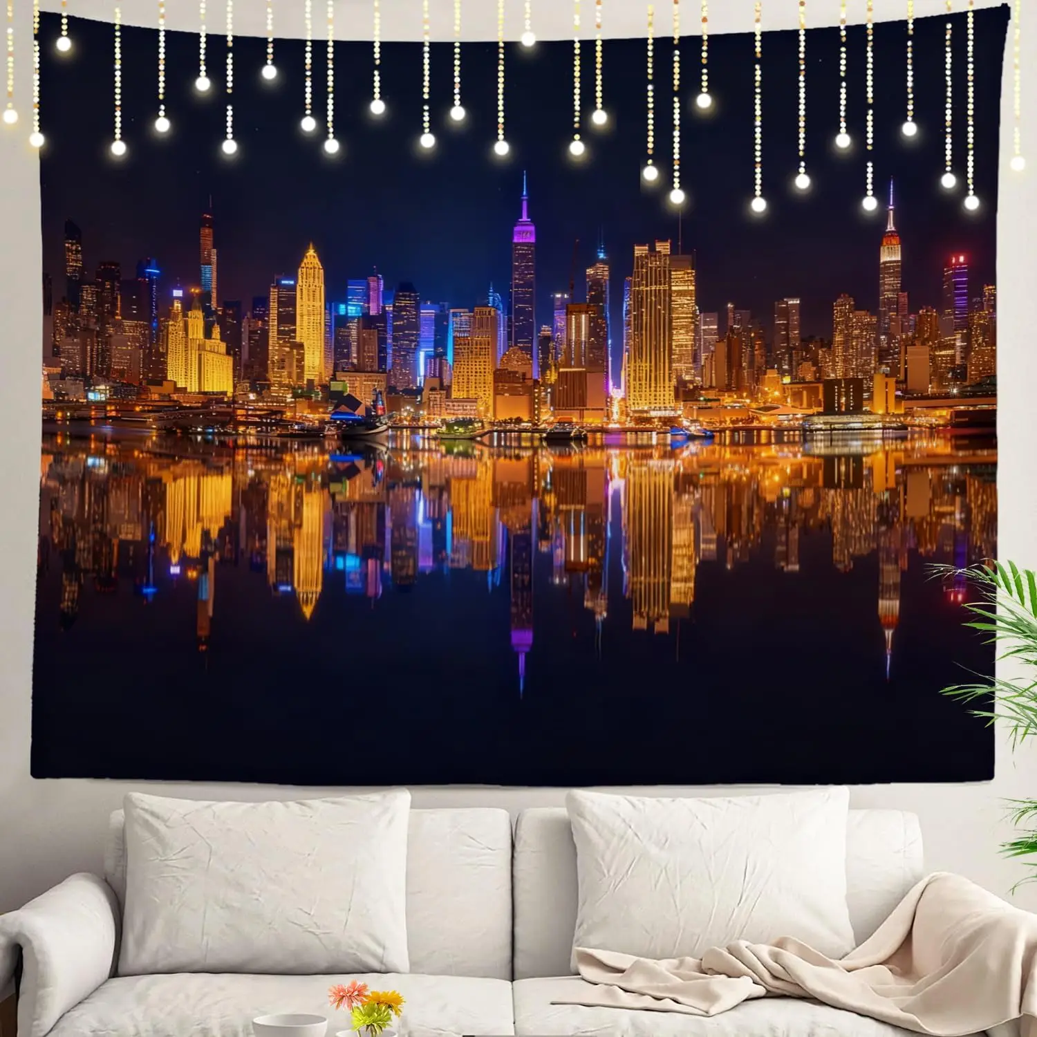 New York City Night Skyline Tapestry,NYC Skyscrapers with Water Reflection Print Wall Hanging for Bedroom Living Room Home Decor
