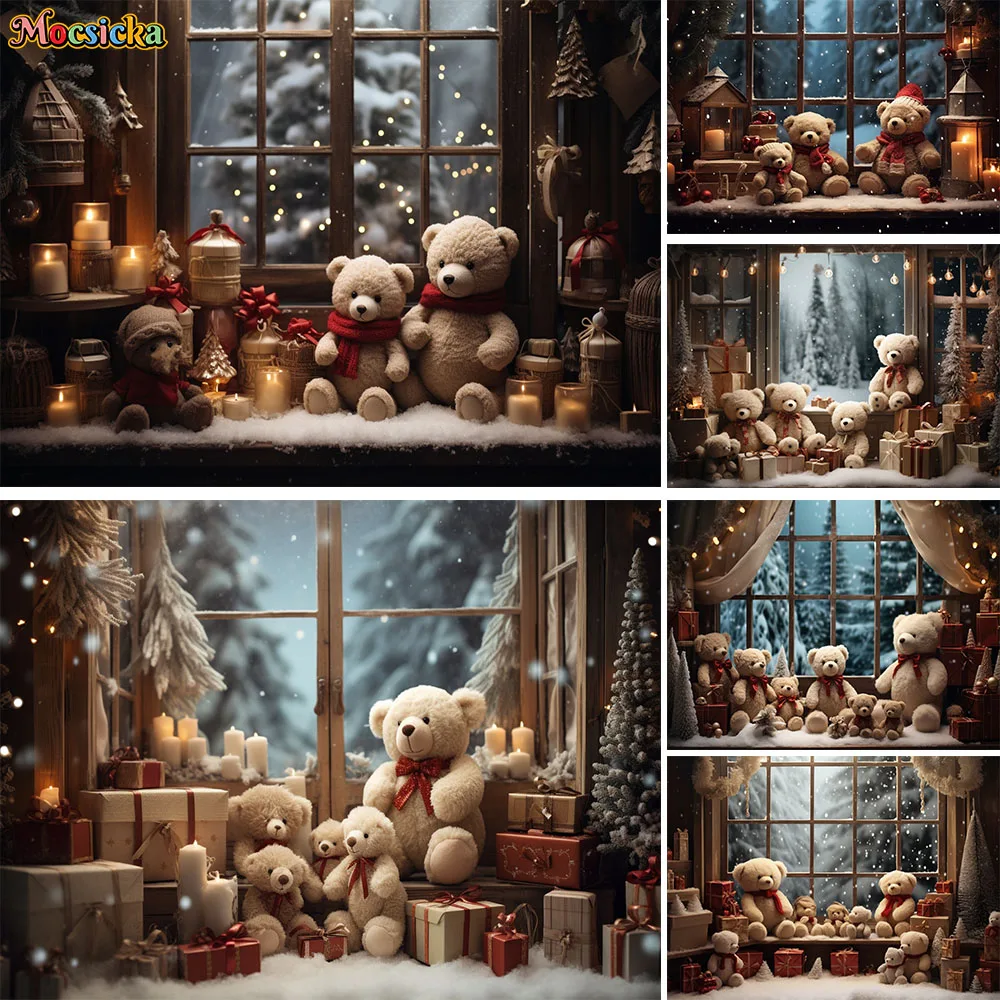 

Christmas Window Decor Gift Booth Backdrop New Year's Eve Teddy Bear Candle Background Photography Kids Photo Studio Supplies