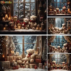 Christmas Window Decor Gift Booth Backdrop New Year's Eve Teddy Bear Candle Background Photography Kids Photo Studio Supplies