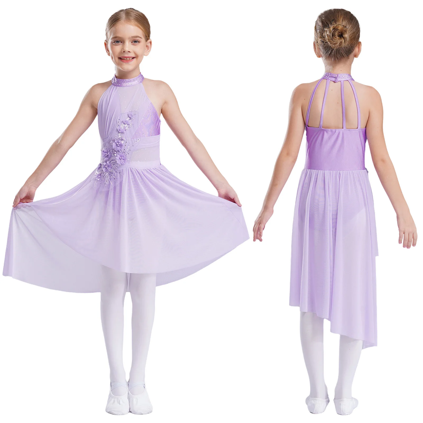 Girls Ballet Lyrical Dance Dress Sleeveless Rhinestones Applique Dresses Modern Dancing Gymnastics Skating Performance Costume