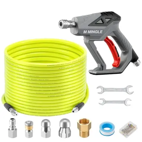 Sewer Jetter Kit for Pressure Washer 100 FT Drain Cleaner Hose with Power Washer Gun 1/4 Inch NPT Corner Rotating and Button No