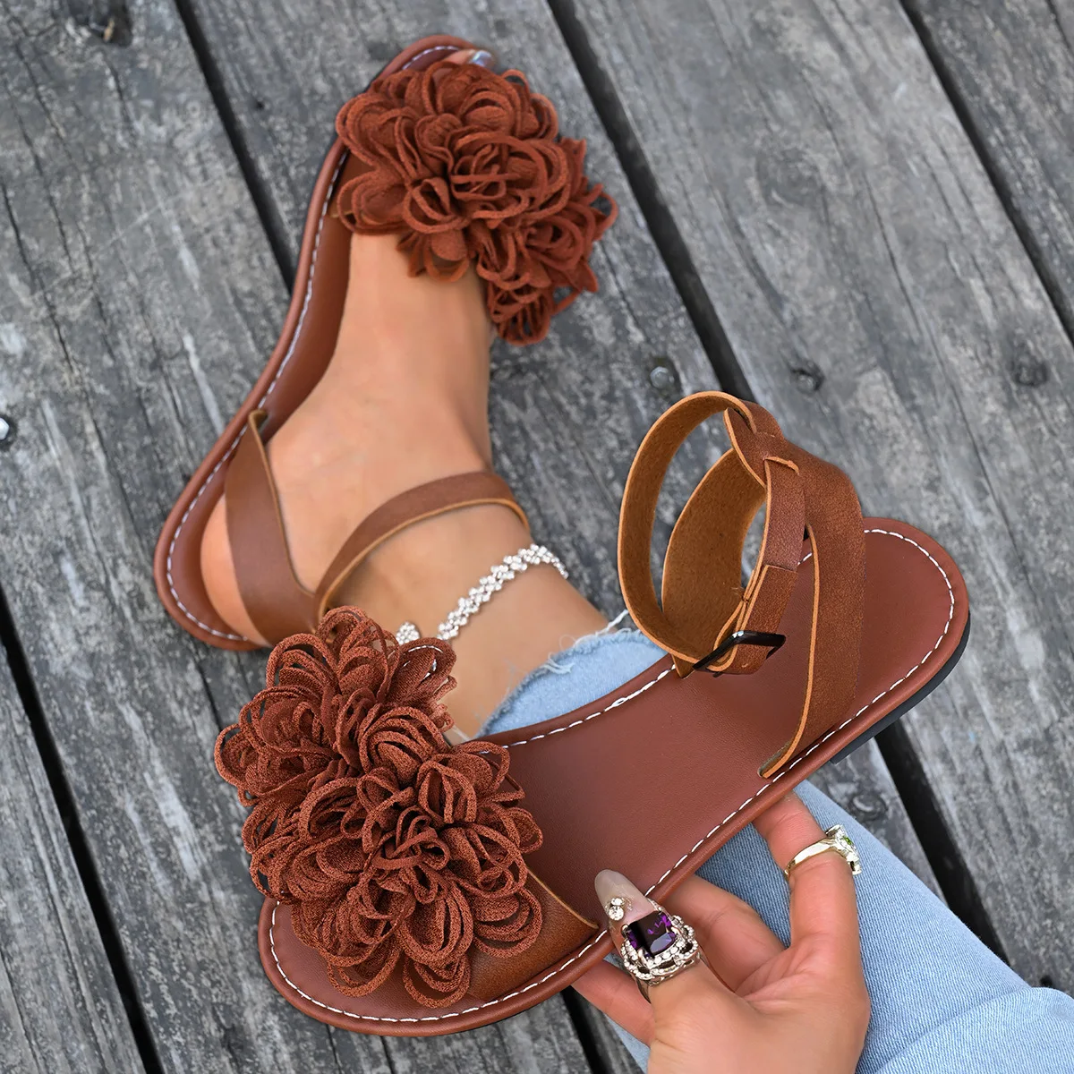 Elegant Flower Flat Sandals for Women 2025 Summer New Voyeur Women Pump Silk Shallow Ankle Buckle Sandals Shoes for Women