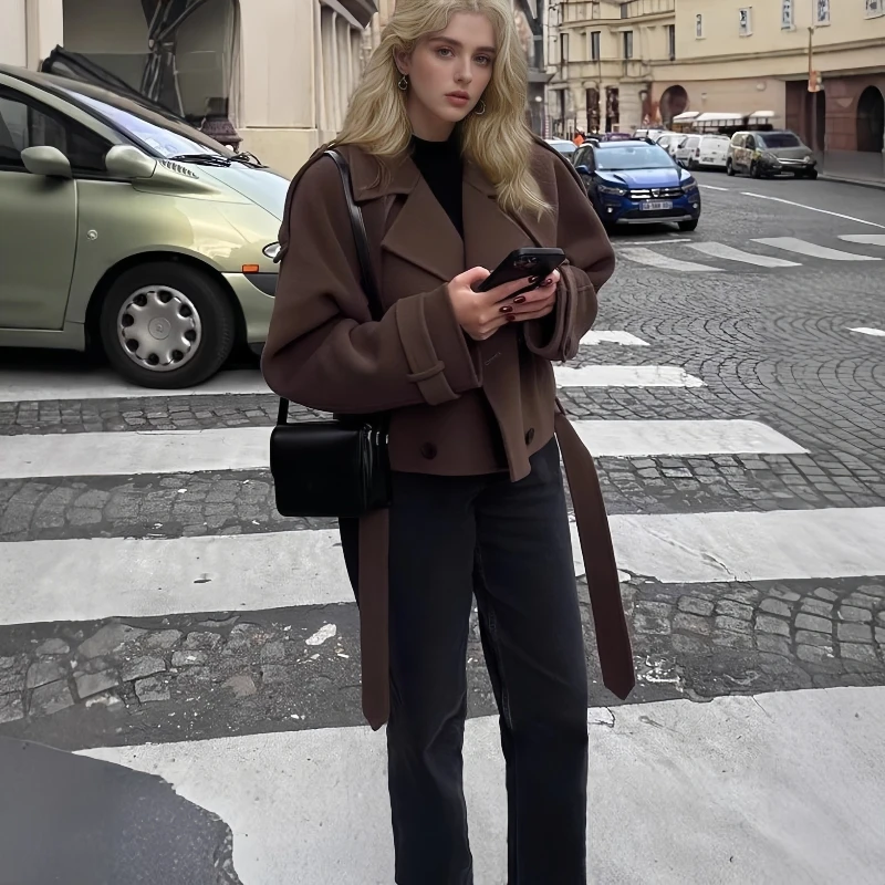 2025 Autumn/Winter New Solid Color Warm Personalized Strap Long Sleeve Woolen Short Coat for Women