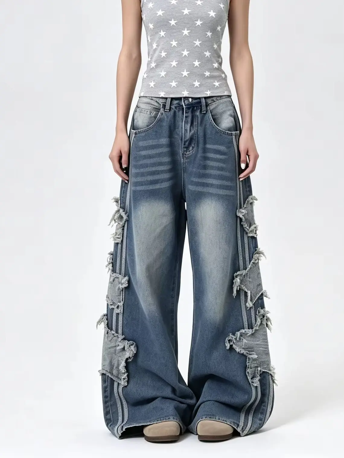 Women's Blue Star Line Denim Pants Y2K Japanese Harajuku High Street Aesthetic Loose Wide Leg Jeans Long Pants Fashionable Stree