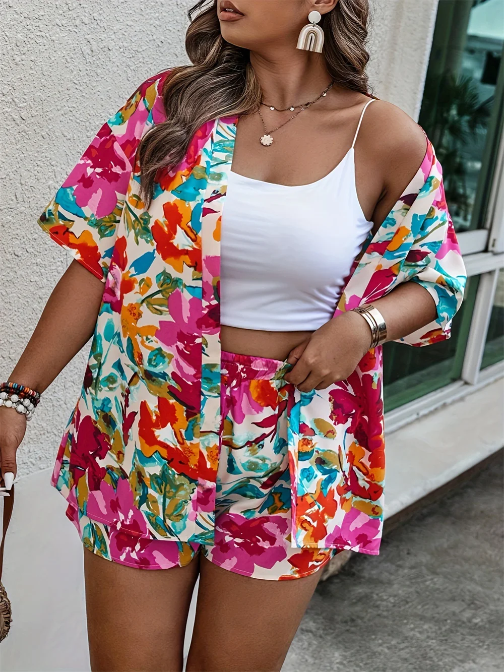 GIBSIE Plus Size Women 2 Piece Set Outfit Summer Vacation Beach Printed Shirts Blouses Female Boho Casual Elastic Waist Shorts