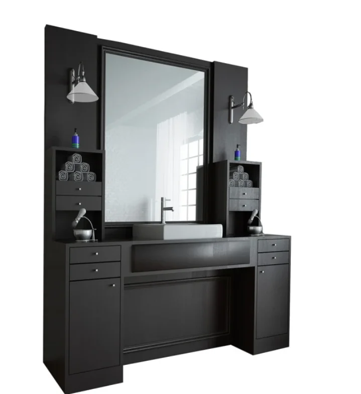 Antique Shampoo Basin Modern Design Black Wooden Barber Unit Station Furniture with Beauty Salon Equipment Makeup Mirror