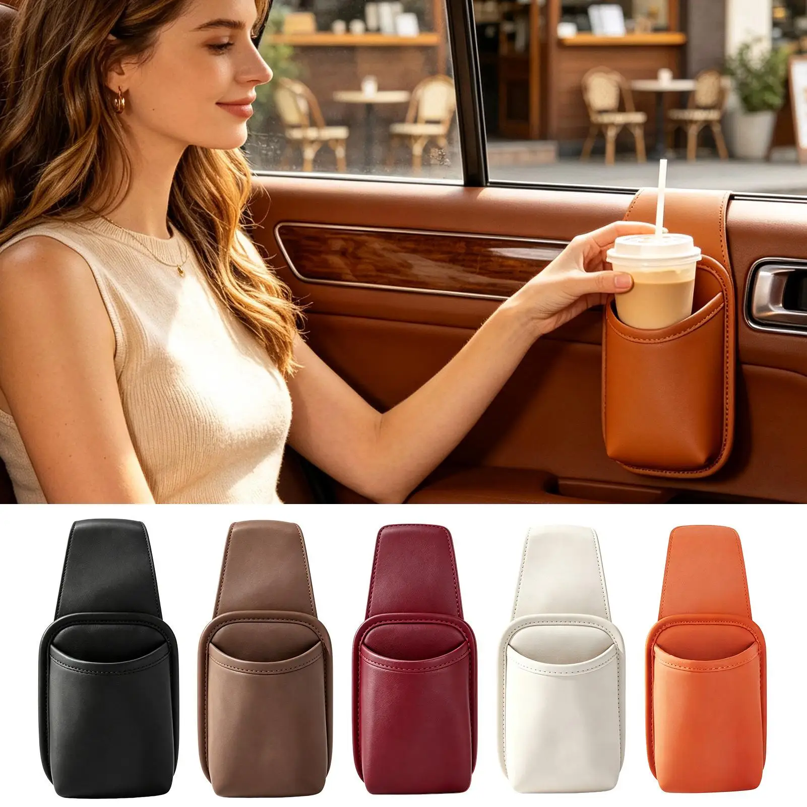 Door Cup Holder PU Leather Scratch-Resistant Secure Easy Clip Car Door Panel Coffee Mug Storage for Commute Travel Highway