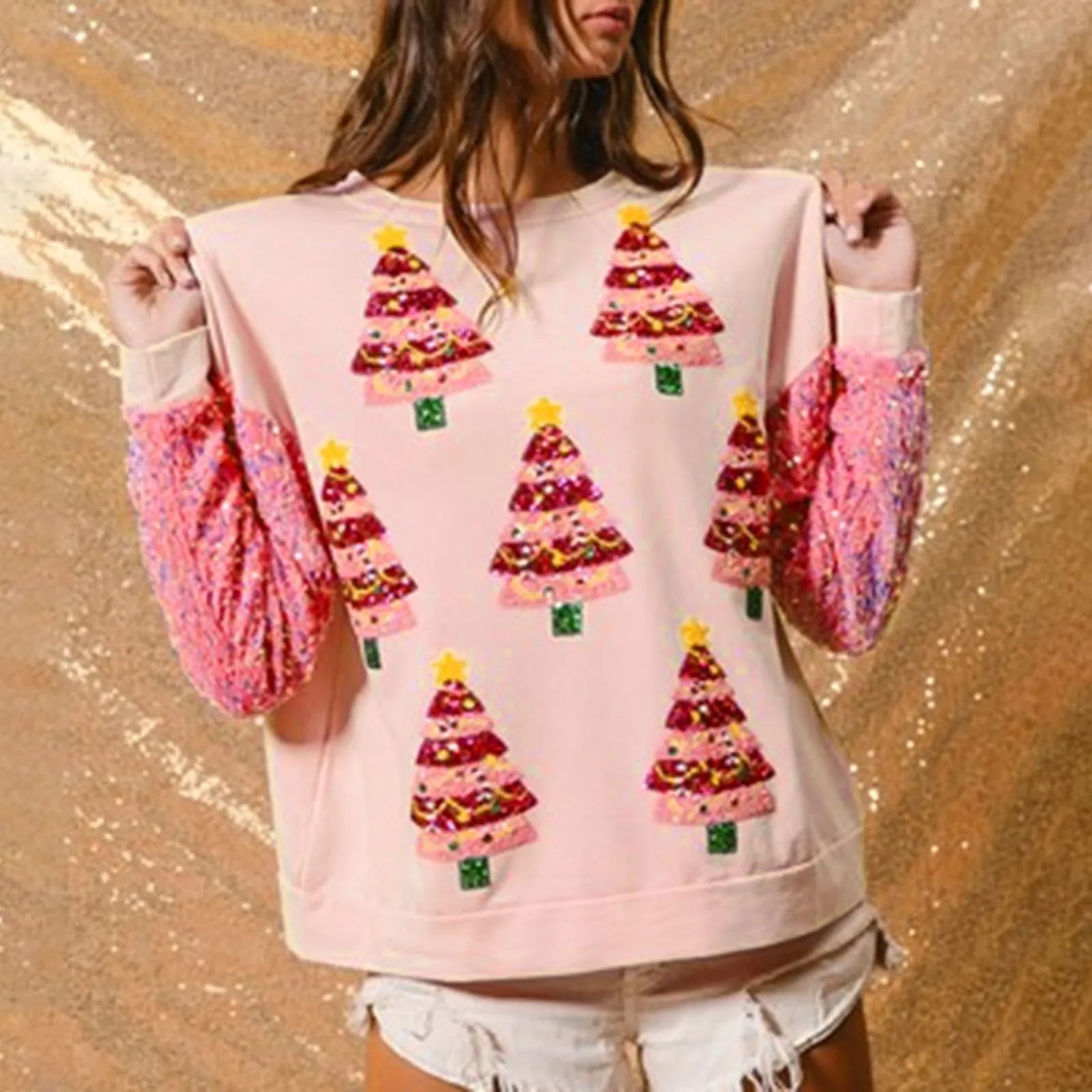 Women's Sequin Sleeve Christmas Christmas Tree Soldier Pattern Long Sleeve Loose Harajuku Sweatshirt Y2k Clothing Outerwears