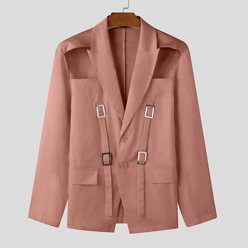 Men's Hollowed-out Chic Suits Blazer Textured Metal Buckle Solid Color Long Sleeve Jackets Popular Slim-fit Performance Costumes