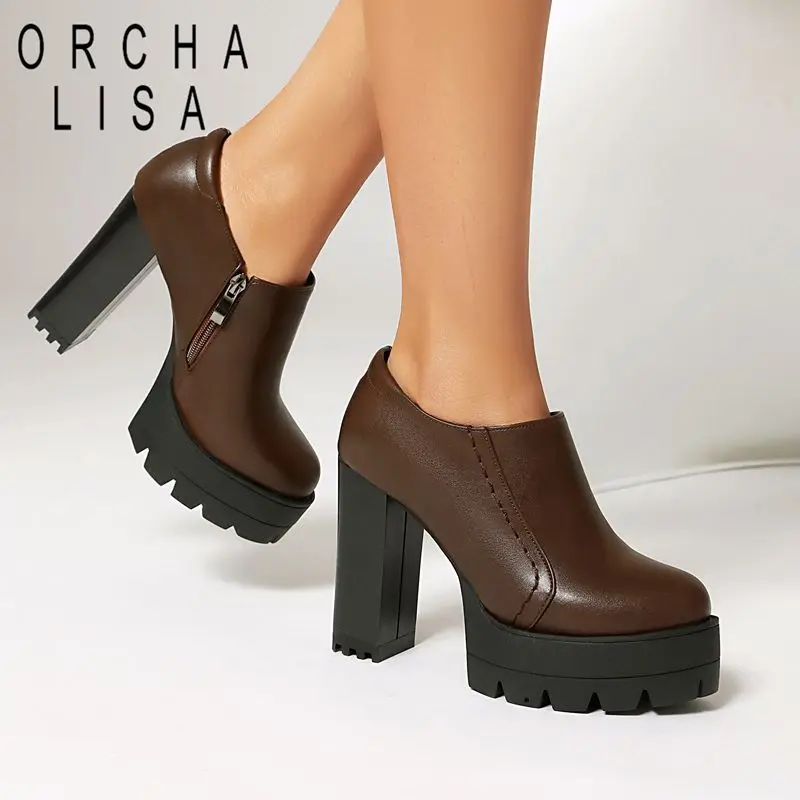 

ORCHA LISA Горячая новинка: женские туфли-лодочки с круглым носком, на молнии сбоку, на толстом каблуке 11 см, на платформе 35 см, сексуальные офисные туфли для женщин, большие размеры 43, 44, 45, 46, осень