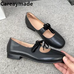 Careaymade-Spring Retro Round Head Single Shoes Women's Genuine Leather Soft Sole Soft Leather Shoes Lace up Low Heel Shoes