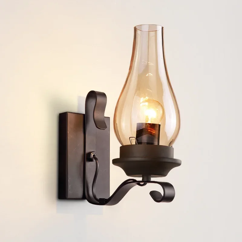 

Nordic Retro Industrial Glass Wind Kerosene Wall Lamp Bedside Corridor Atmosphere Wrought Iron Corridor Lighting Fixtures