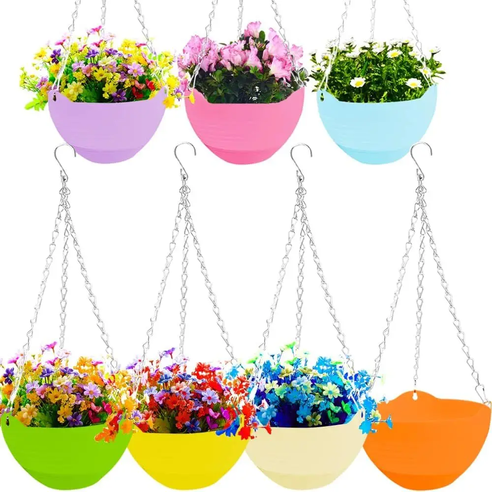 8 Inch Hanging Planters, 7-Pack Colorful Self-Watering Pots with Drainer for Indoor/Outdoor Use