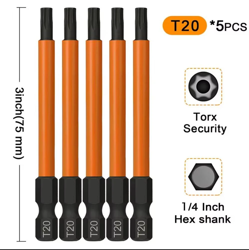 5Pcs T20 T25 Torx Screwdriver Bits 1/4 Inch Hex Shank Magentic Torx Bit Set 75mm Torx Head Drill Bits