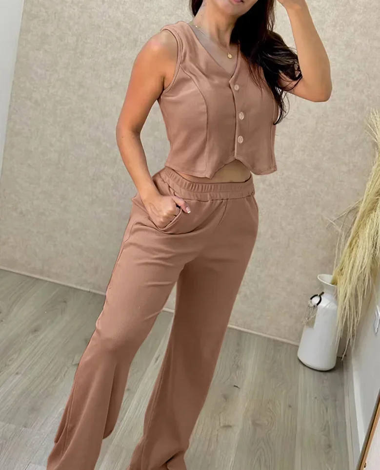 

Two Piece Set Women Outfit 2024 Summer Casual Ribbed V-Neck Sleeveless Vest Top & Fashion Temperament Straight Leg Pants Set