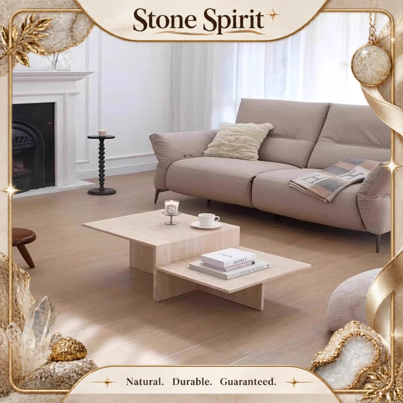 Luxury Wabi Sabi Travertine Marble Coffee Table Designer Corner Table Customizable For Hotel Model Room & Living Room Decor