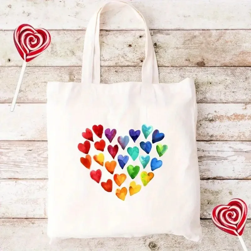 Canvas Tote Bag With Heart Shape Book Stack Floral Inspirational Quote Designs Reusable Shoulder Bag For Shopping Everyday Use