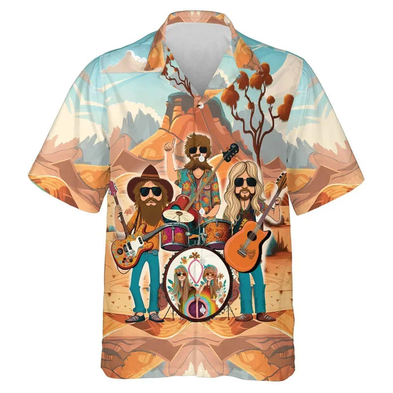 Summer Casual Men Shirt Fun Hippie Rock Music Band Peace Sign Tropical Beach Art Pattern Short Sleeve Lapel Unisex Vacation