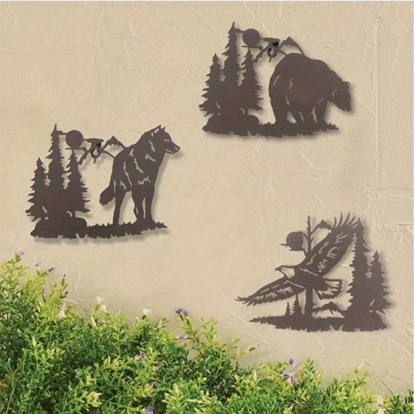 3pcs Rustic Wildlife Wall Art: Moon Wolf Bear Set - Laser Cut Metal Decor for Home Decor Room Yard Garden & Holiday Decorations