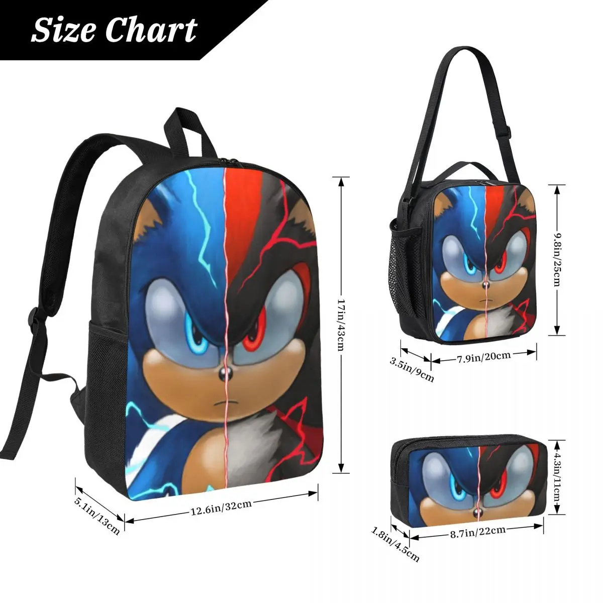 Sonic Shadow Backpack Boys Girls BookBag School Bag Computer Shoulder Bags 3ps Insulated Lunch Bag Pencil Case