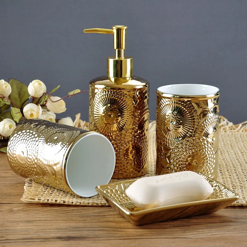 

European Ceramic Bathroom Four Piece Set Gold Plating Process Modern Desktop Toothbrush Cup Sets Home Bathrooms Accessories