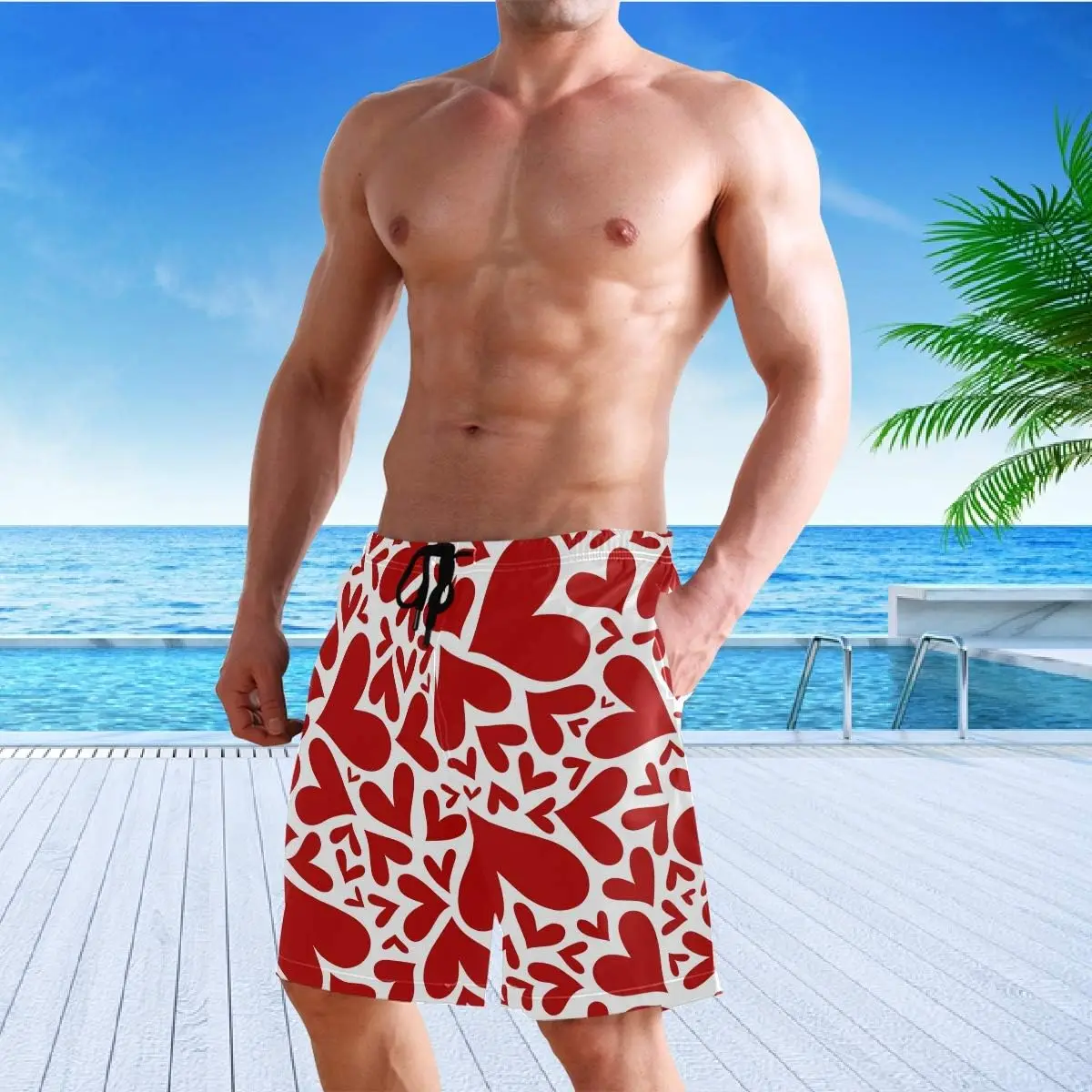 

Valentine Red Hearts Mens Funny Swim Trunks Quick Dry Beachwear Sports Running Swim Board Shorts Mesh Lining