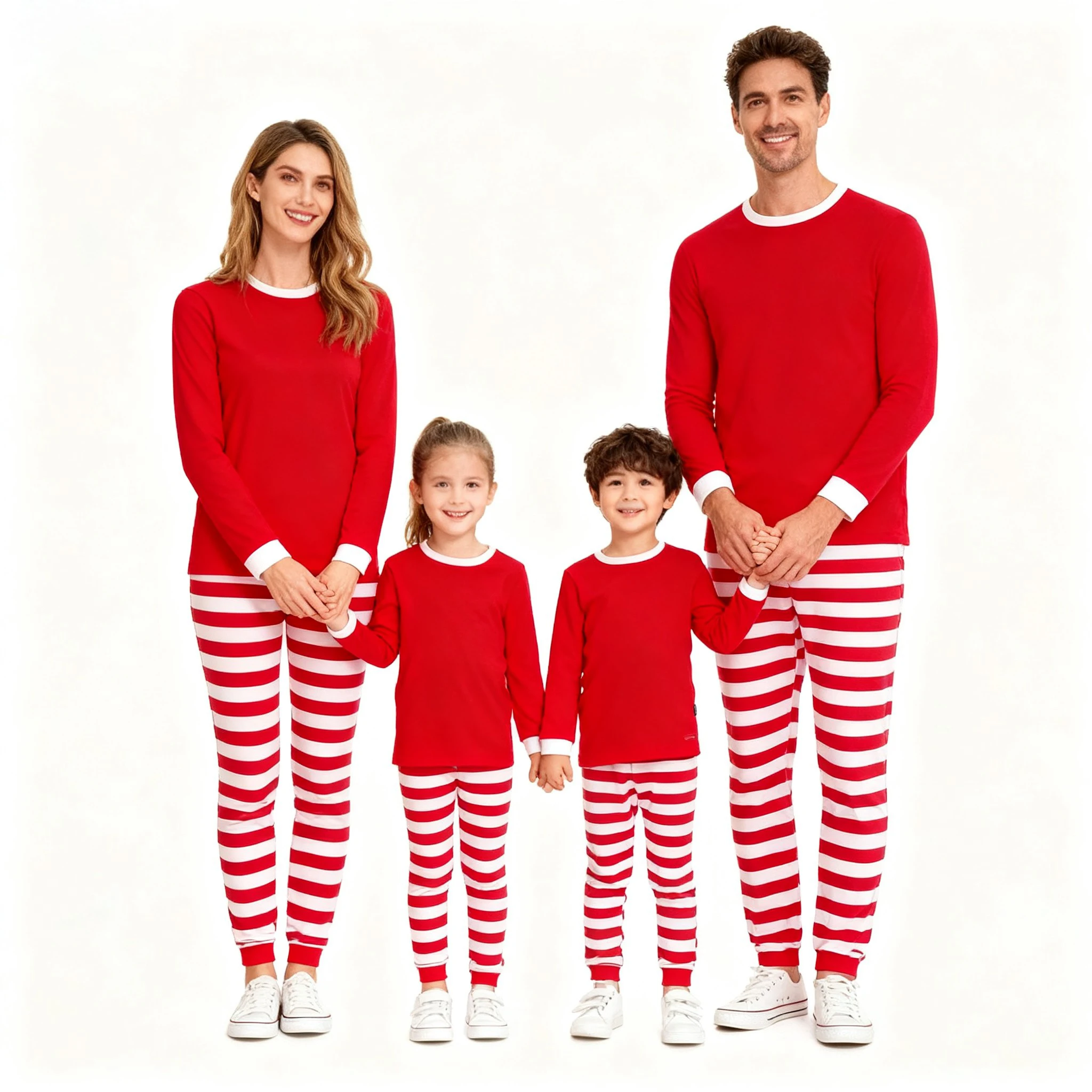 Family Christmas Matching Pajamas Sets Red Top with Striped Pants Long Sleeve Sleepwear for Dad Mom Kids Xmas Loungewear Outfits
