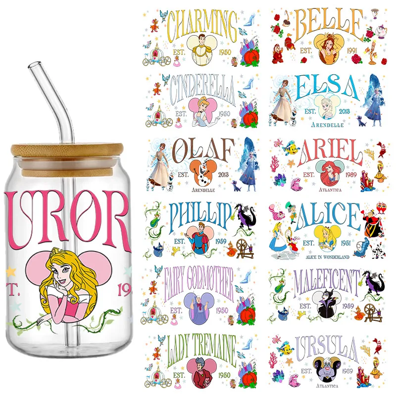 Autocollant de transfert standard Disney Princess Prince Witch, 16oz, UV, DTF, logo attro personnalisé bricolage, auto-adhésif, étanche