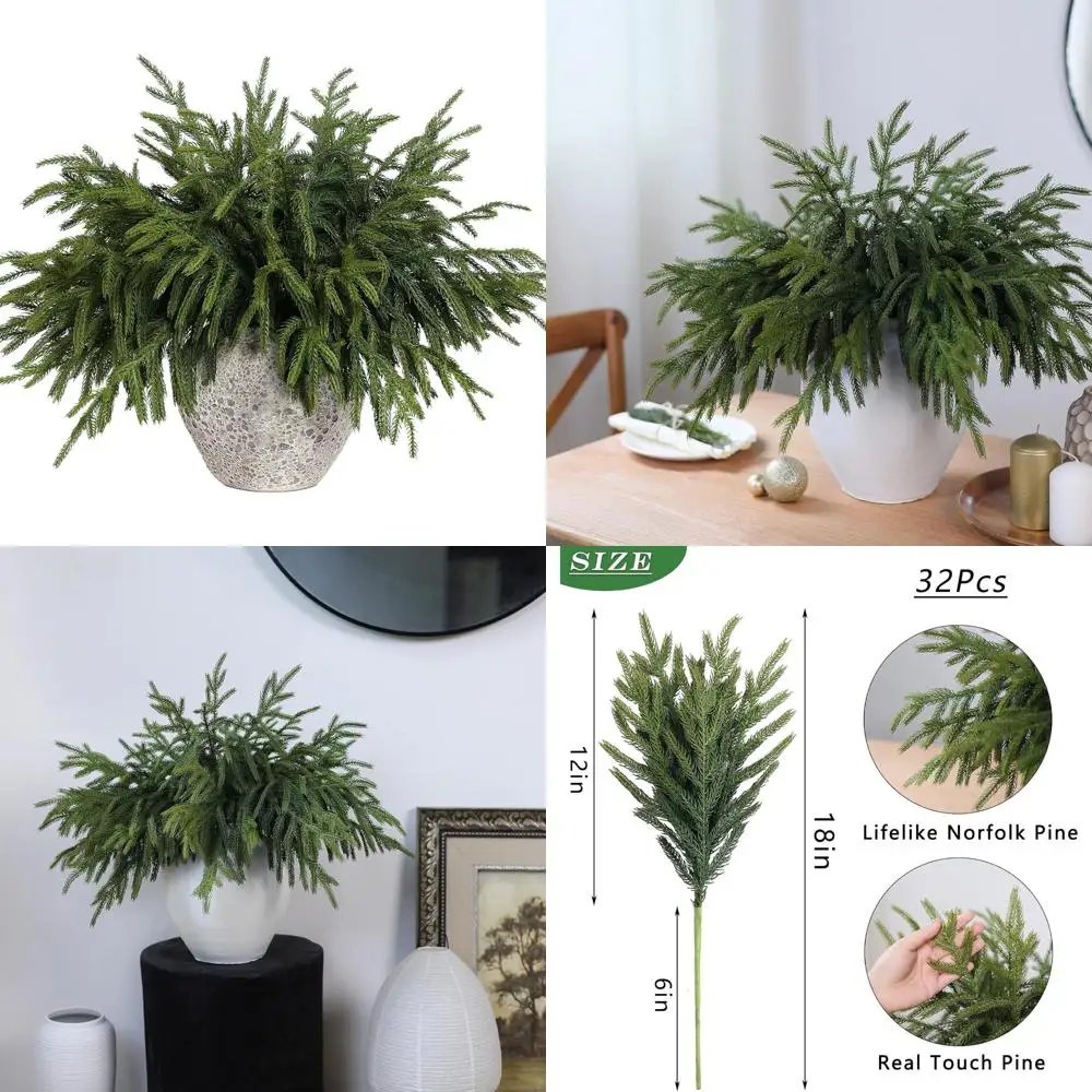 

Artificial 18-Inch Christmas Norfolk Pine Branches Set of 32, Real Touch Faux Cedar Stems, Green Decorative Pine Stems for Festi