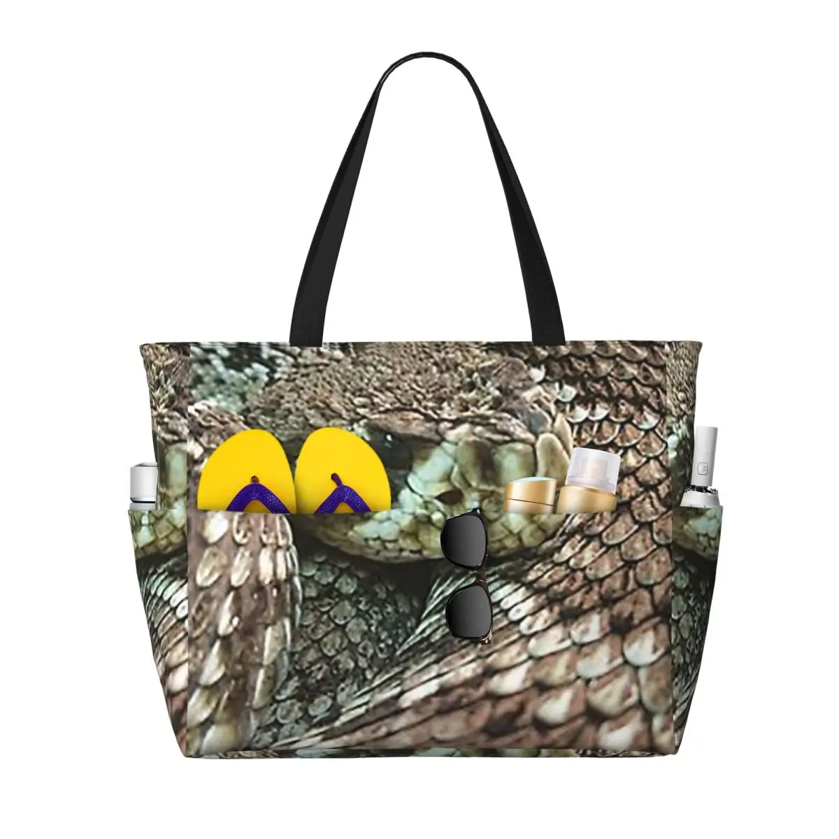 Snake, Coiled Diamondback Rattlesnake Beach Tote Bag Sport Gym Yoga Duffle Large Tote Bag Women Travel Bag Fitness bag