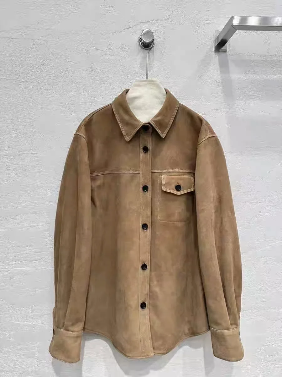 Kurtka damska w stylu retro z owczej skóry, brązowa, na rok 2025, modny dziecięcy płaszcz z zamszu, streetwear, damska kurtka w stylu koszuli z kołnierzem.