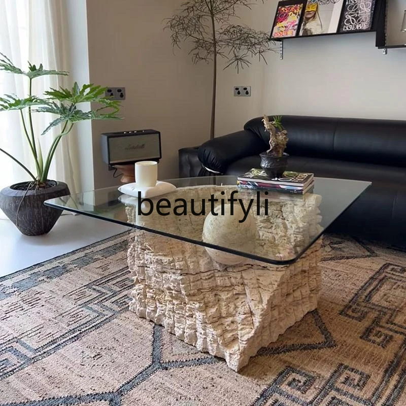 

Wabi Sand Wind Light Luxury Natural Travertine Glass Side Table Modern Simple Sofa Side Table