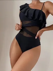 S-XL Sexy Mesh One Piece Swimsuit Solid Sport One Shoulder Swimwear Ruffle Lace High Waist Bathing Suit Beach Backless Monokini