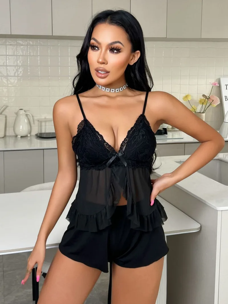 

V-neck Homewear Shorts Sets For Girls Pure Desire Sexy Women's Shorts Sets Camisole Sleepwear Transparent Mesh Pure Desire HET1
