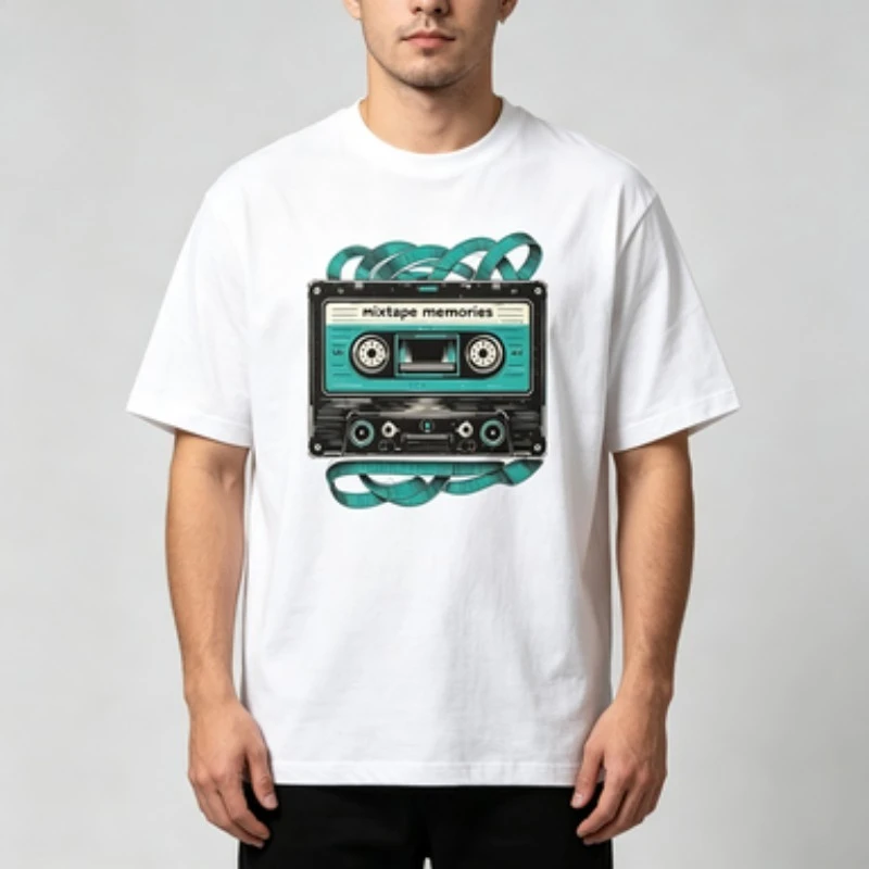 Men 100% Cotton Retro Music T Shirt Mixtape Memories Cassette Tape Graphic Print Short Sleeve Vintage Male Street Tees