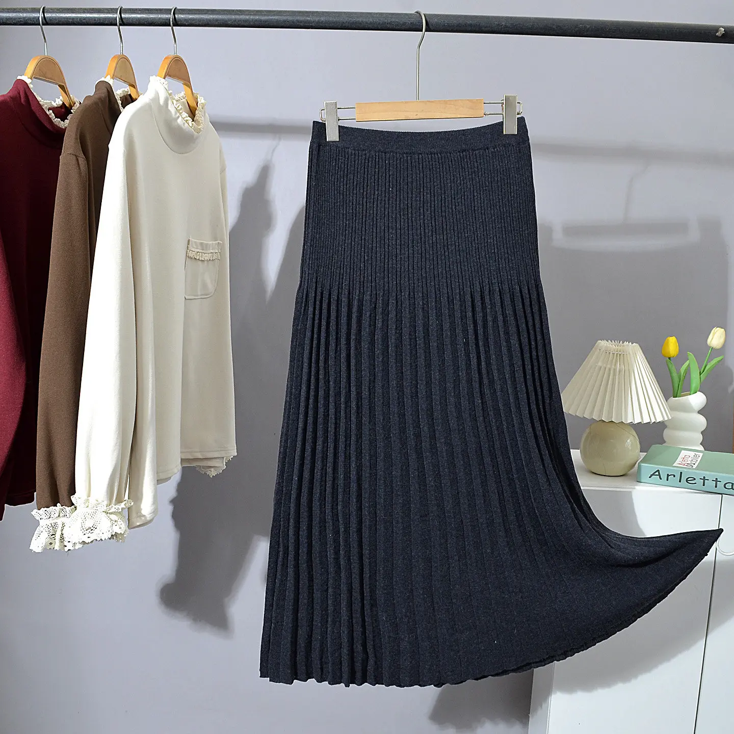 Women Knitted Skirt Grey Pleated Long Skirt New Fashion Ladies Work Casual Elastic High Waist A Line Party Loose Wool Skirts