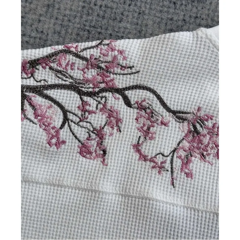 Deeptown White Cherry Blossom Embroidery Man Women T-Shirts Long Sleeve Oversized Waffle Tees Basic Harajuku Casual Streetwear image 5