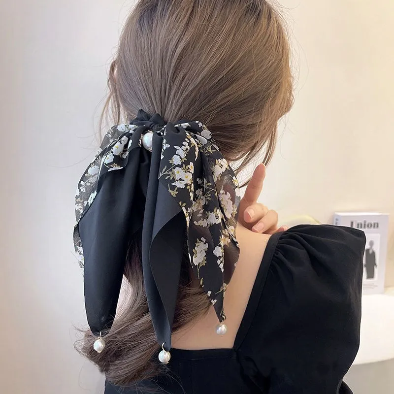 Beautiful Print Bow Scrunchies Hair Ribbon for Women Elastic Hair Bead Band Girls Horsetail Hairs Ties Hair Accessories