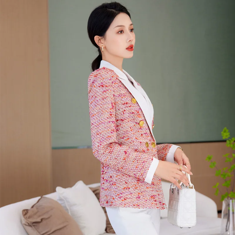 High quality wool blend blazer for women jacket double breasted autumn winter 2023 elegant fashion clothes - red