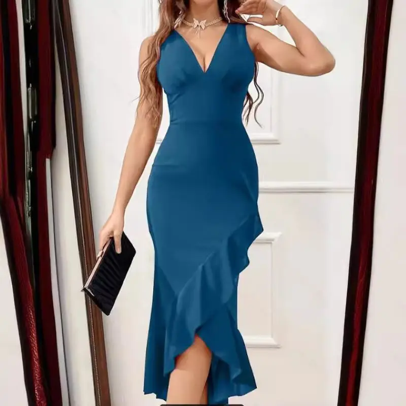 The New Europe and women\'s dress wrap buttocks swallow tail skirt v-neck slit ruffle dress dress