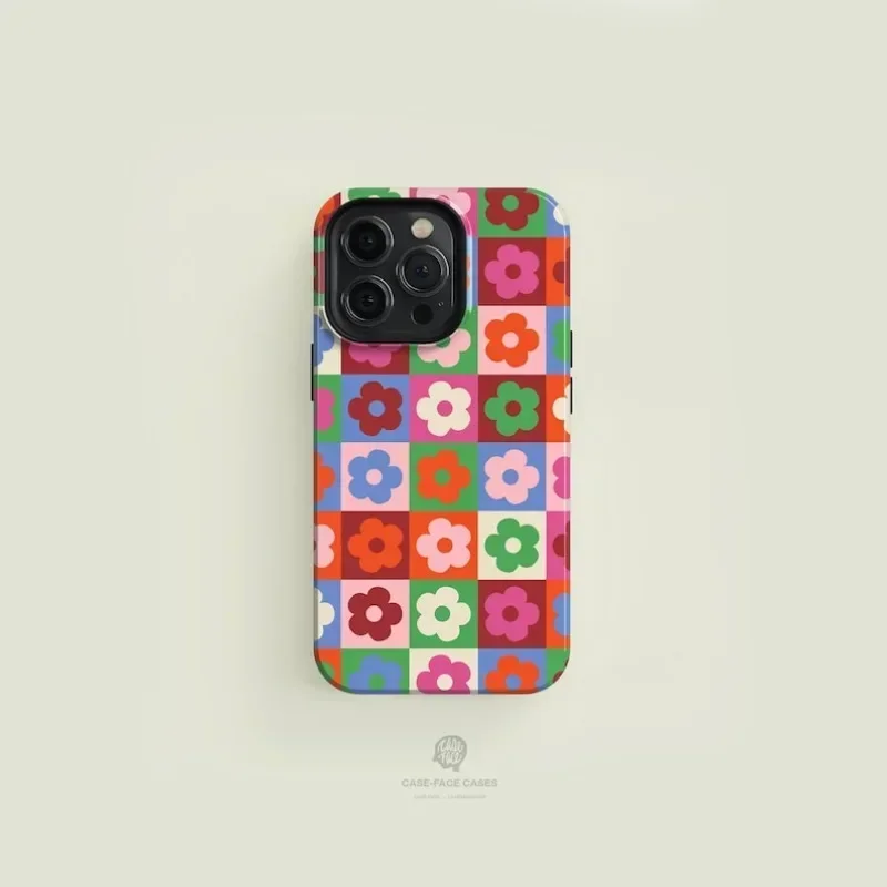 Checkered Flower Case For IPHONE 16ProMax 15 14 13 12 11 PRO Plus Acrylic TPU Two in one Magnetic Phone Cases