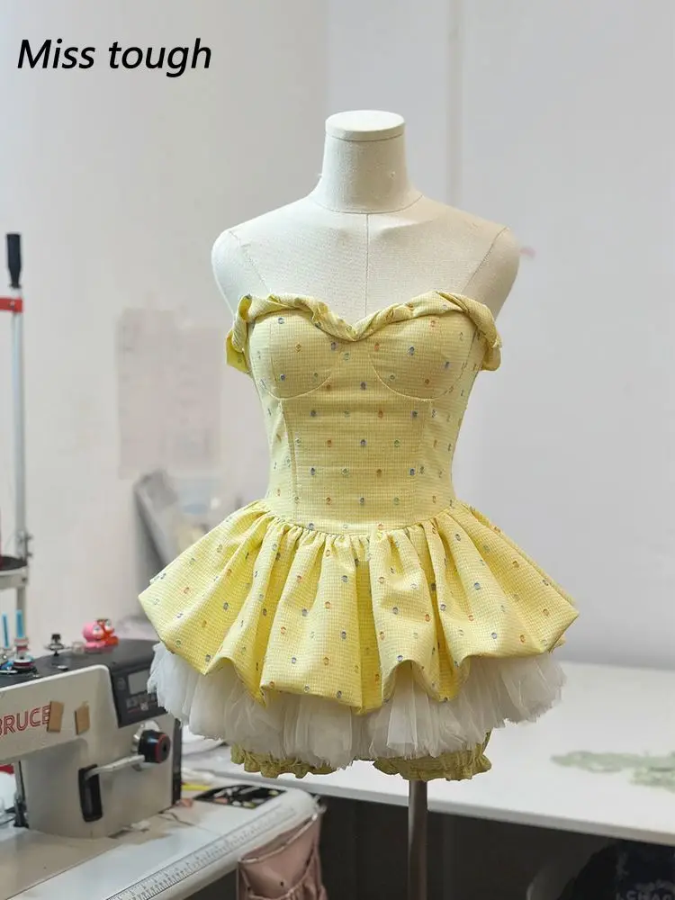

Women Two Piece Set Summer Yellow Off Shoulder Strapless Top Cake Skirt Mini Cute Princess Style Mesh Layered Ruffle Outfit Look