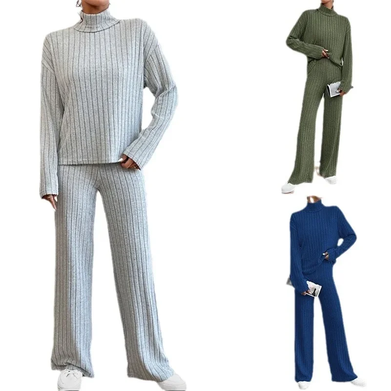 

Europe and the United States autumn and winter casual high-neck knitted long-sleeved women's hoodie loose trousers two-piece set