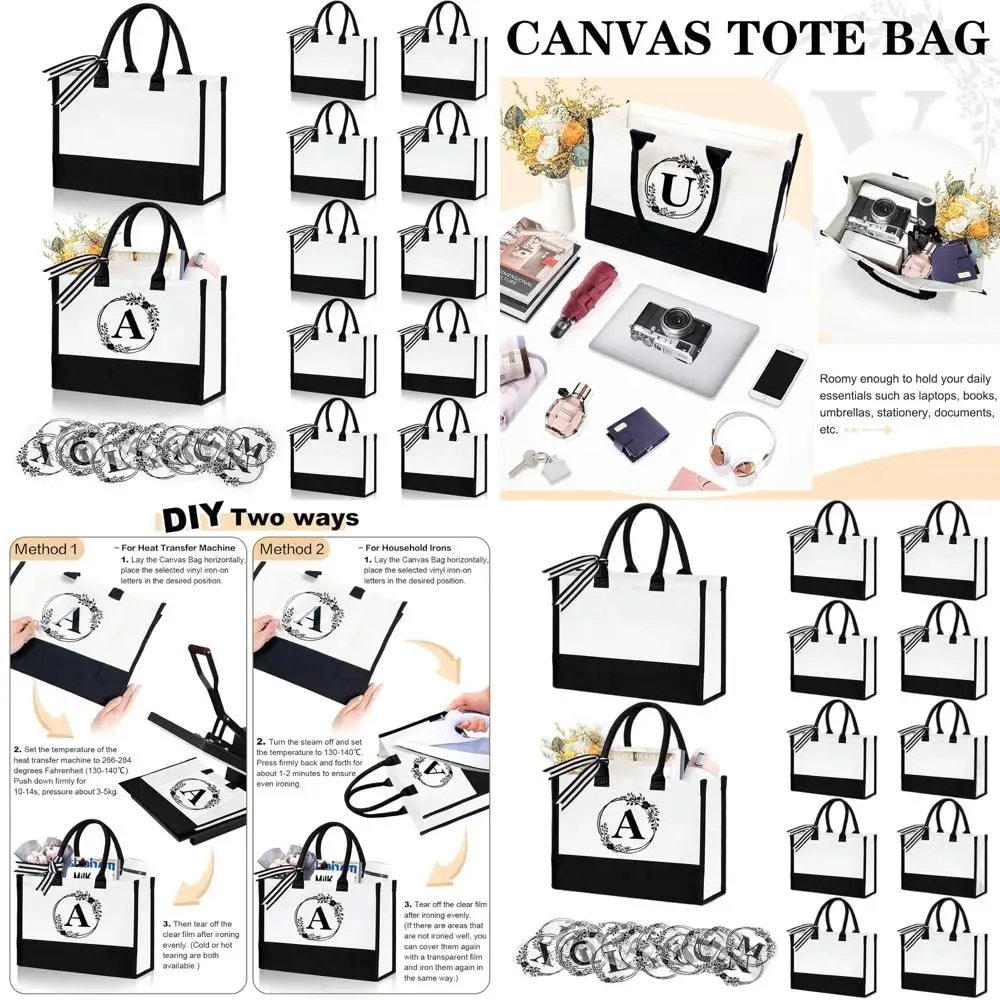 

12 Pack Canvas Tote Bags for Women, Personalized Blank Beach Bags with 26PCS A-Z Initial Heat Transfer Letters, DIY Monogrammed