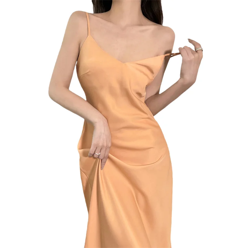 

Simple Nightgown Solid Color Pajamas Thin Acetate Satin Sleepwear V-Neck Sling Strap Dress Home Suit Women's Clothes in Summer